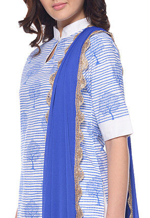 Block Printed Cotton Pakistani Suit in White and Blue