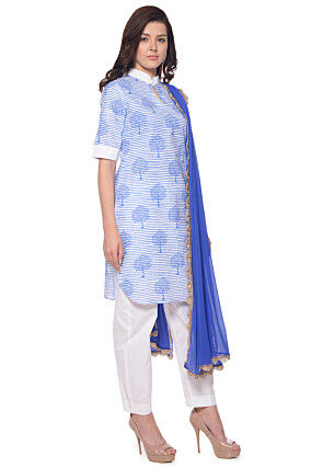 Block Printed Cotton Pakistani Suit in White and Blue