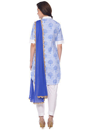 Block Printed Cotton Pakistani Suit in White and Blue