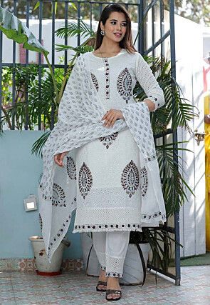 Block Printed Cotton Pakistani Suit in White