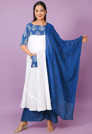 Block Printed Cotton Pakistani Suit in White