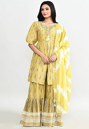 Block Printed Cotton Pakistani Suit in Yellow