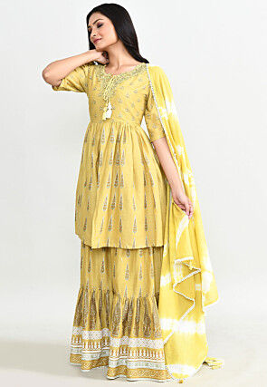Block Printed Cotton Pakistani Suit in Yellow