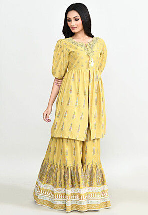 Block Printed Cotton Pakistani Suit in Yellow