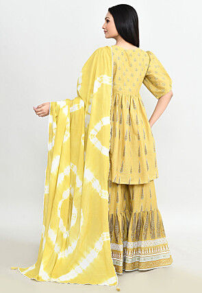 Block Printed Cotton Pakistani Suit in Yellow