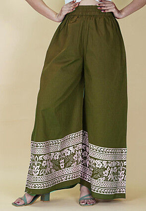 Block Printed Cotton Palazzo in Olive Green