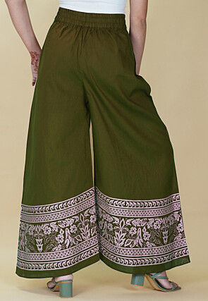 Block Printed Cotton Palazzo in Olive Green