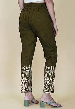 Block Printed Cotton Pant inOlive Green