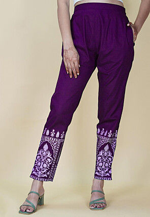 Buy online Purple Solid Cigarette Pants Trouser from bottom wear