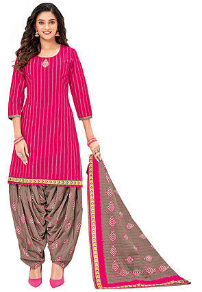 Block Printed Cotton Punjabi Suit in Fuchsia