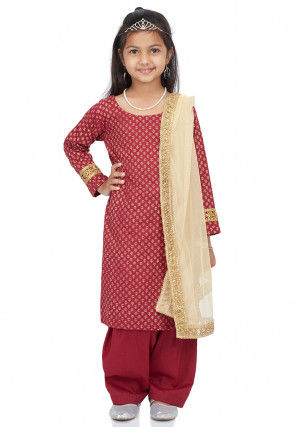 Block Printed Cotton Punjabi Suit in Maroon