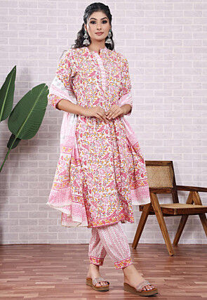Block Printed Cotton Punjabi Suit in Off White