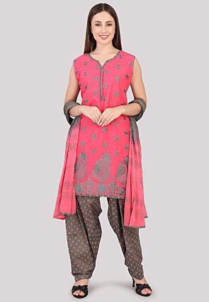 Block Printed Cotton Punjabi Suit in Pink