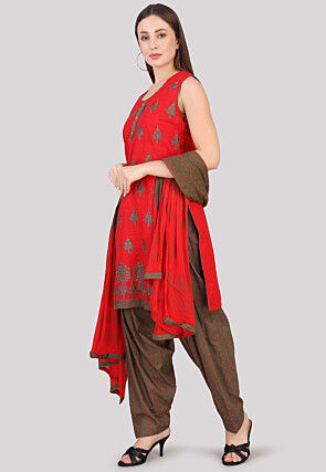 Block Printed Cotton Punjabi Suit in Red