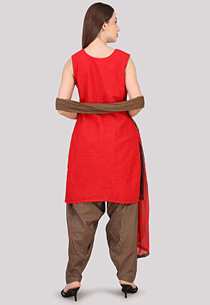 Block Printed Cotton Punjabi Suit in Red