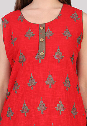 Block Printed Cotton Punjabi Suit in Red