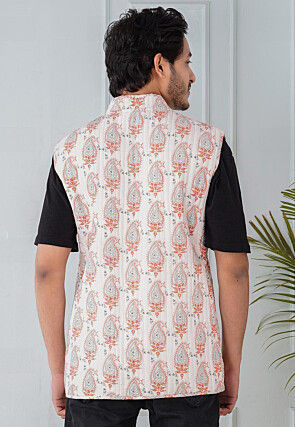 Block Printed Cotton Reversible Warm Jacket in Orange and White