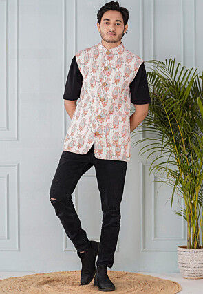 Block Printed Cotton Reversible Warm Jacket in Orange and White