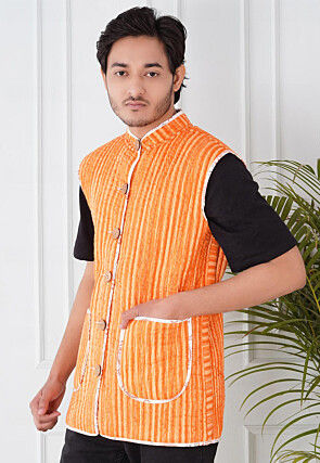 Block Printed Cotton Reversible Warm Jacket in Orange and White