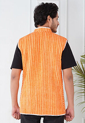 Block Printed Cotton Reversible Warm Jacket in Orange and White