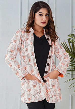 Block Printed Cotton Reversible Warm Jacket in White and Orange