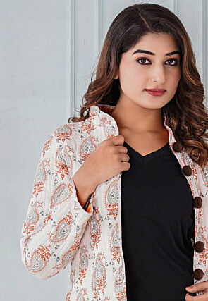 Block Printed Cotton Reversible Warm Jacket in White and Orange