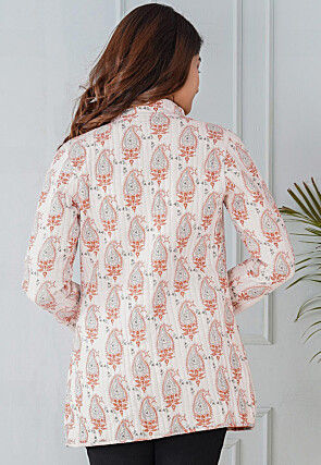Block Printed Cotton Reversible Warm Jacket in White and Orange