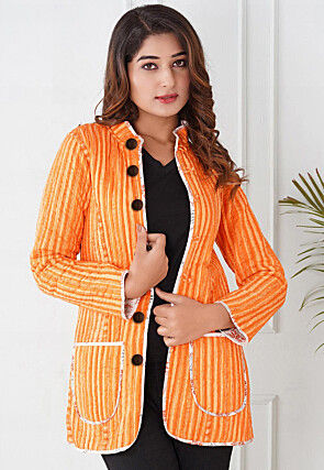 Block Printed Cotton Reversible Warm Jacket in White and Orange