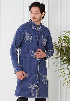 Block Printed Cotton Reversible Warm Long Jacket in Indigo Blue