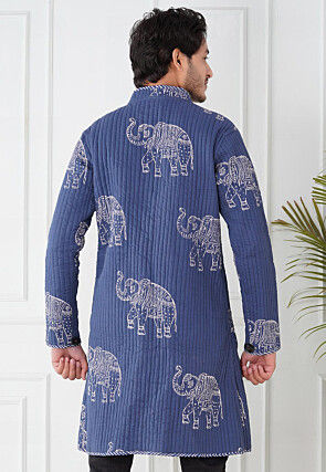 Block Printed Cotton Reversible Warm Long Jacket in Indigo Blue