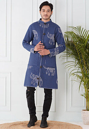 Block Printed Cotton Reversible Warm Long Jacket in Indigo Blue