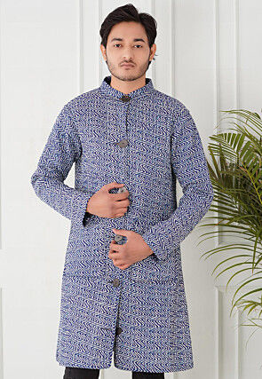 Block Printed Cotton Reversible Warm Long Jacket in Indigo Blue