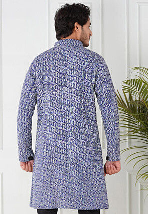Block Printed Cotton Reversible Warm Long Jacket in Indigo Blue