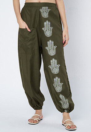 Block Printed Cotton Salwar in Dark Olive Green