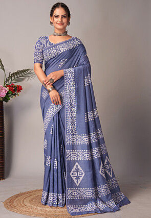 Batik Printed Cotton Saree in Blue