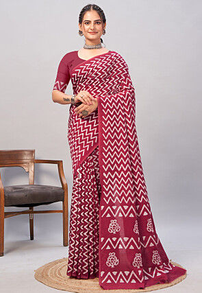 Batik Printed Cotton Saree in Maroon