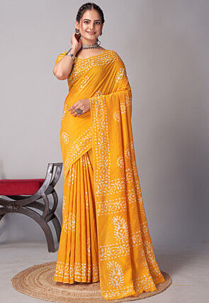 Batik Printed Cotton Saree in Mustard