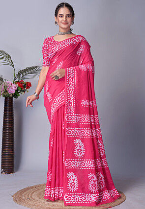 Batik Printed Cotton Saree in Pink