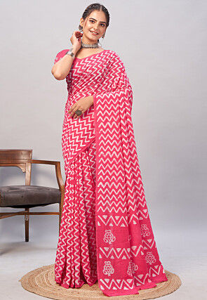 Batik Printed Cotton Saree in Pink