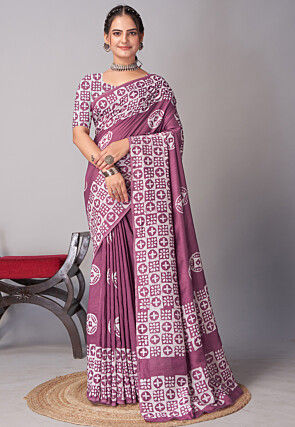 Batik Printed Cotton Saree in Purple