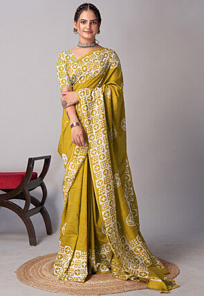 Batik Printed Cotton Saree in Yellow