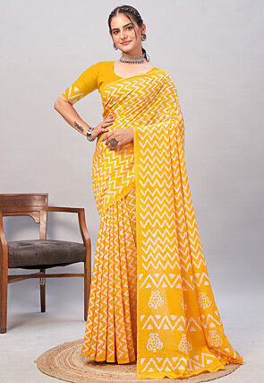 Batik Printed Cotton Saree in Yellow