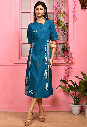 Block Printed Cotton Sheath Dress in Blue
