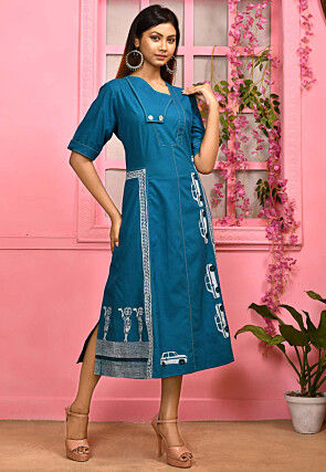 Block Printed Cotton Sheath Dress in Blue
