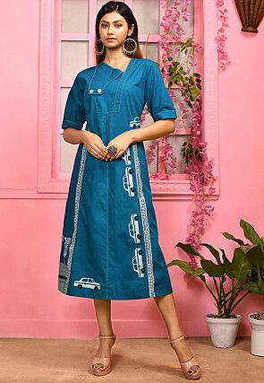 Block Printed Cotton Sheath Dress in Blue