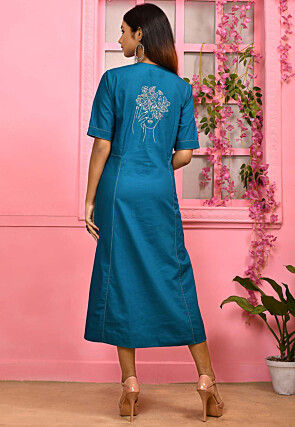 Block Printed Cotton Sheath Dress in Blue