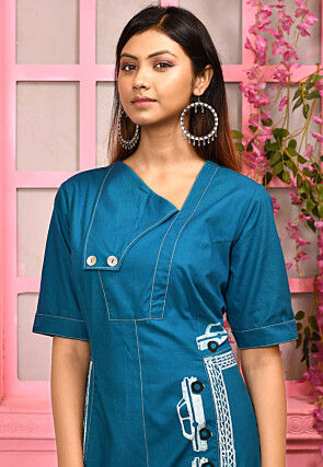 Block Printed Cotton Sheath Dress in Blue