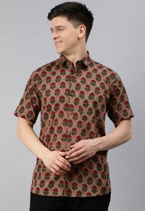 Block Printed Cotton Shirt in Dusty Green
