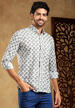 Block Printed Cotton Shirt in Light Grey