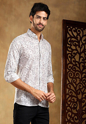 Block Printed Cotton Shirt in Light Grey